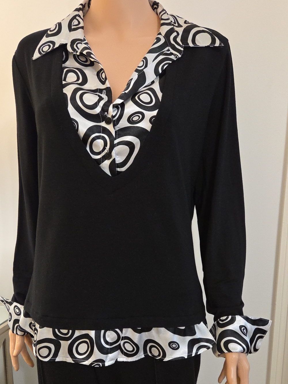 Joseph Ribkoff Black Top with Monochrome Graphic Trim